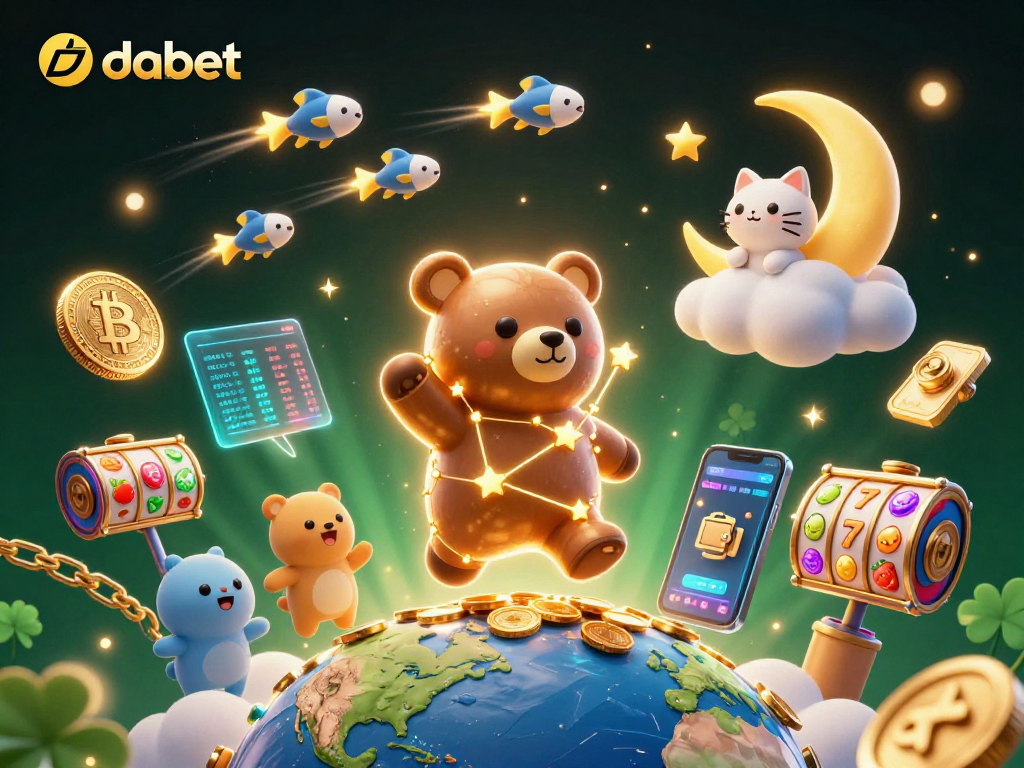 Engage with dabet through vibrant slot-themed 3D illustration featuring gold coins and neon crypto elements.