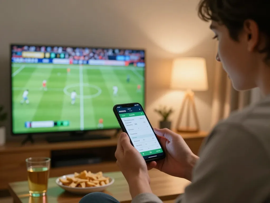 Keonhacai5 user placing bets on a smartphone while watching football, creating a thrilling sports betting experience.