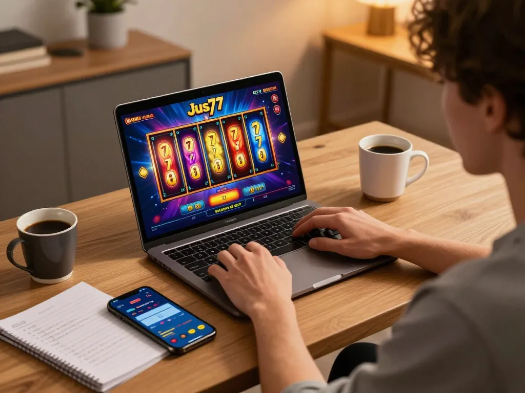 Pengalaman permainan yang menarik di slot Jus77 ditampilkan di laptop selama sesi perjudian online.