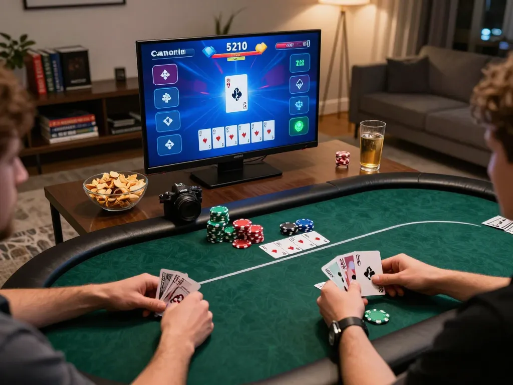 Players engage in intense poker gameplay while using vu88 online platform, showcasing strategy and social fun.