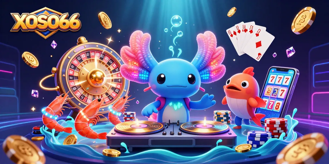 XOSO66 engages players with vivid underwater casino vibes featuring a DJ axolotl and vibrant games.
