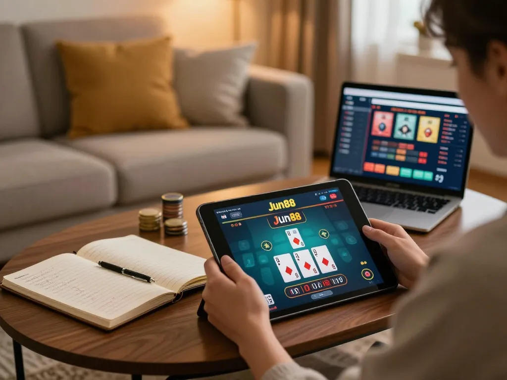 Player enjoying live dealer game on Jun88 app in cozy home setup