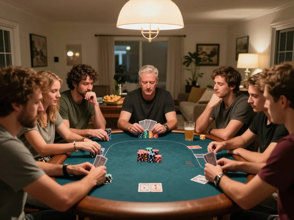 Engaged friends enjoy a poker night at home, showcasing gg88 strategies in a relaxed atmosphere.