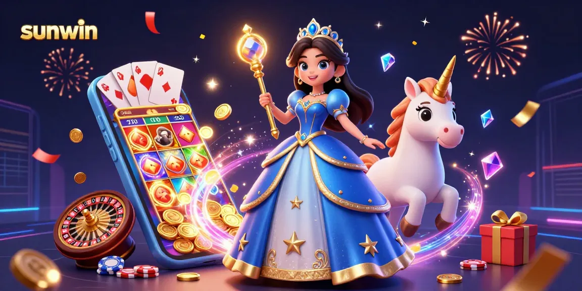 Engage in thrilling gaming adventures with sunwin, featuring a glamorous casino woman and unicorn.
