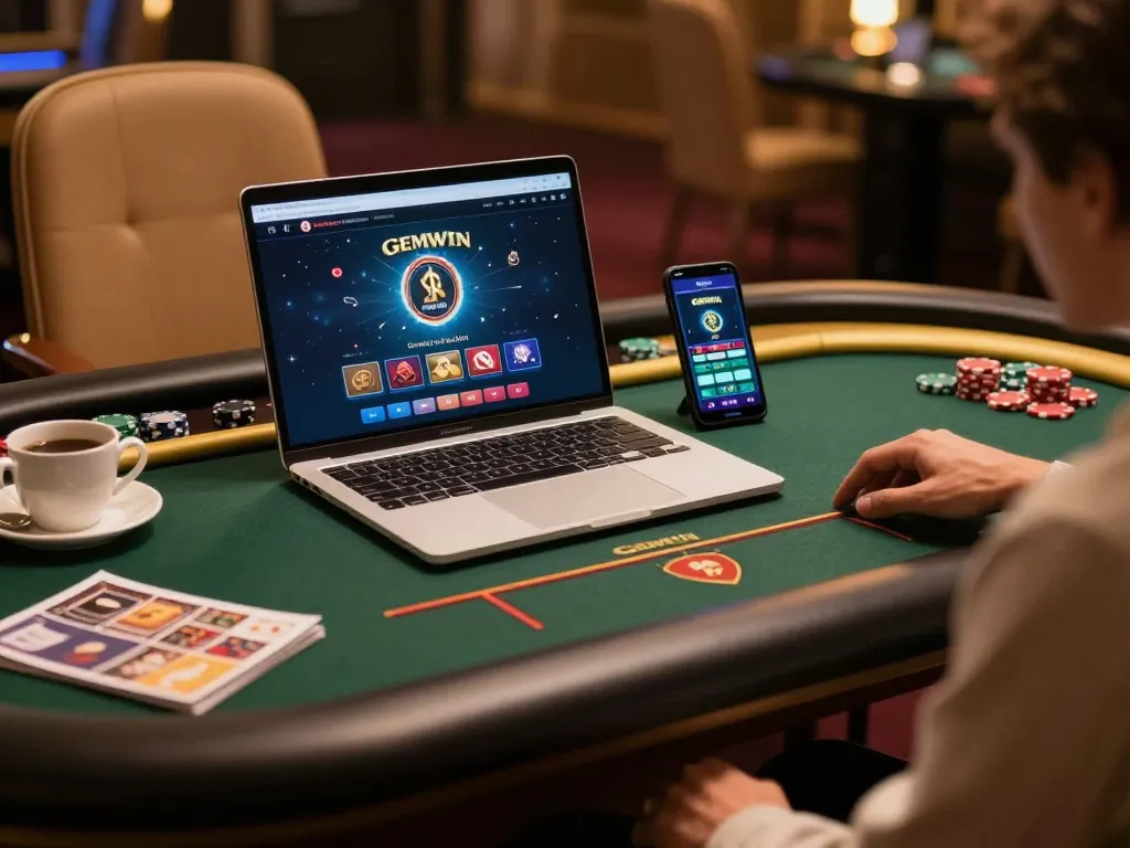 Engaged player using GEMWIN app on laptop, enjoying online poker in a cozy setting