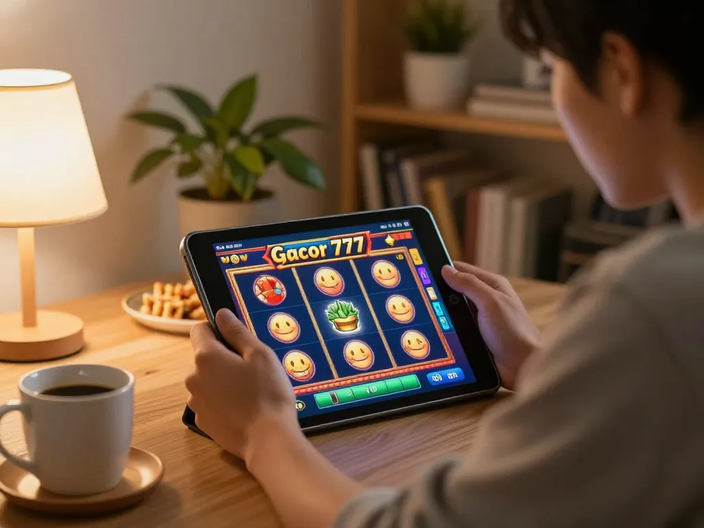Engaged player enjoying slot gacor 777 games on a tablet in a cozy home setting, relaxing and focused on gameplay.