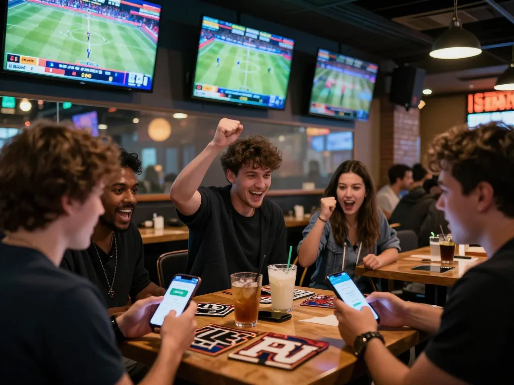 Patrons placing bets using the Bsport app during a lively sports betting event.