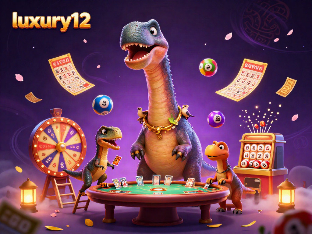 Luxury12 menampilkan dino bercanda di kasino, bingo dan lotere penuh warna muncul di sekitarnya