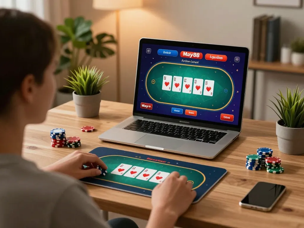 Engaging in online poker gameplay at May88, showcasing digital interface and comfortable setting