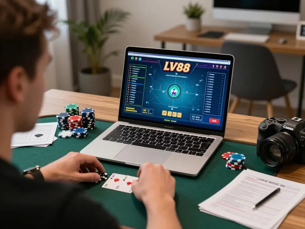 Player participating in an LV88 online poker game, showcasing strategy and engagement at a stylish home office.