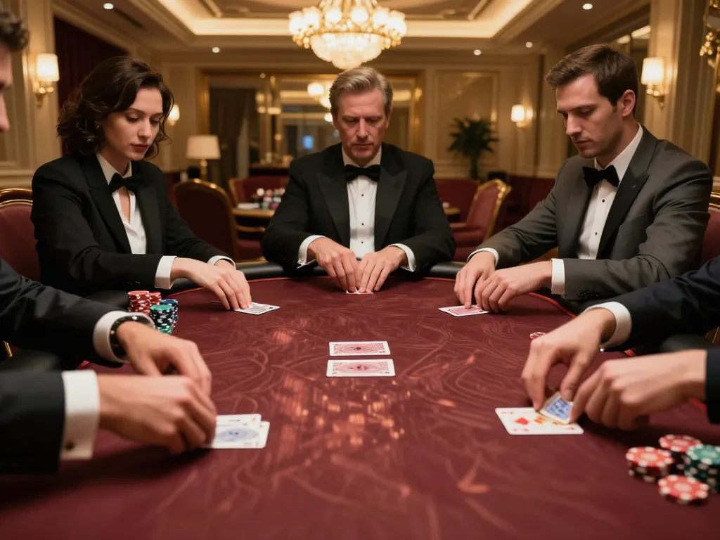 Players strategizing at an MB66 poker table in a luxurious casino room.