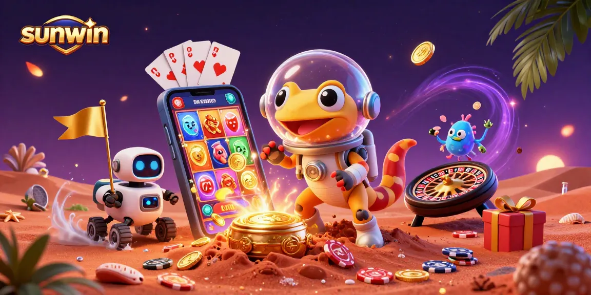 Experience exciting wins at sunwin with a 3D illustration of a Martian gecko exploring a gold casino.