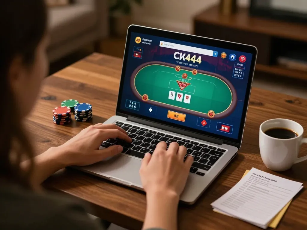 Engaging in CK444 online gaming session with laptop displaying poker strategy in a cozy home setup.