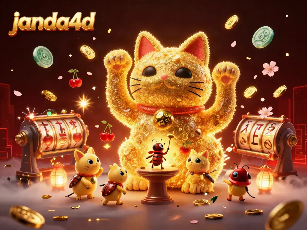 JANDA4D menghadirkan ilustrasi cat beruntung yang menarik dengan simbol slot berkilau yang dipenuhi koin emas.