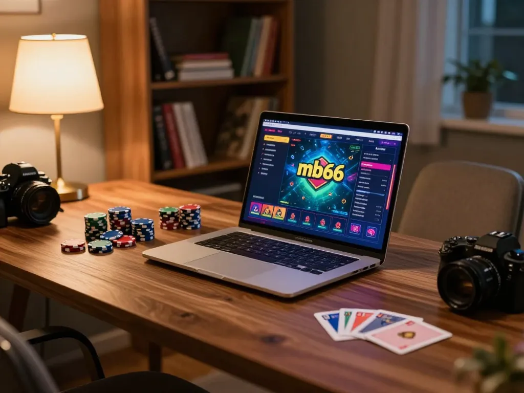 Engaging mb66 gaming session on a laptop surrounded by poker chips and strategy books.