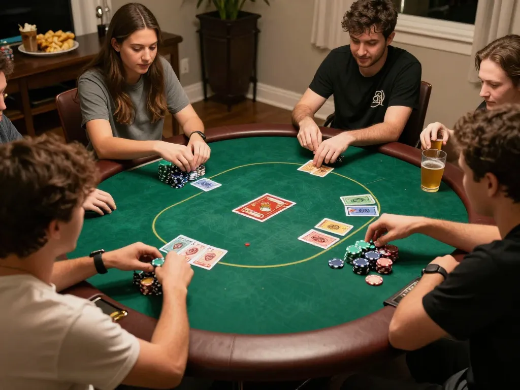 Players enjoying a poker game at home, immersing in JUN88 entertaining atmosphere with strategy and fun.