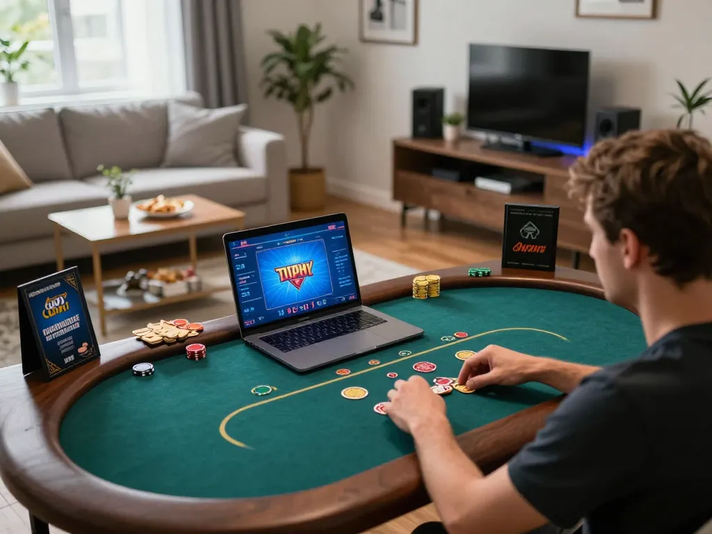 Player enjoying smooth poker gameplay on megaplus88 in a cozy home setting.
