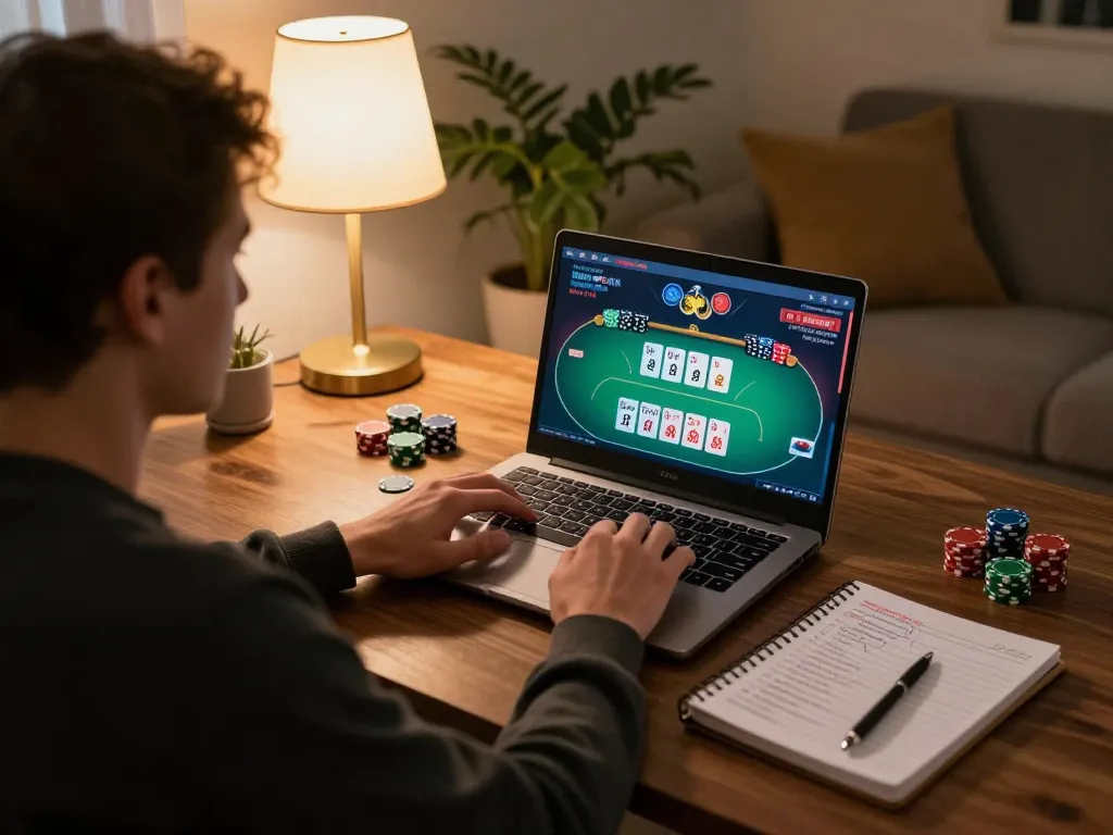 Player strategizing on 9bet gaming while engaging in online poker from a cozy home setup.