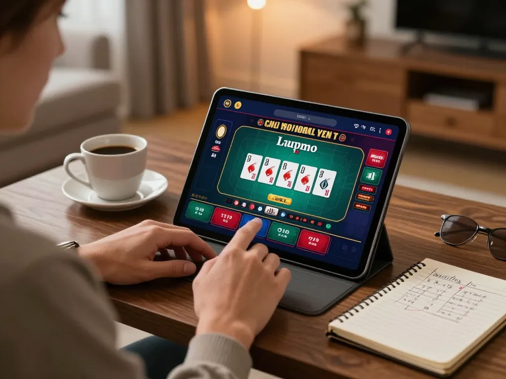 Player using a tablet for online gambling on sunwin platform in a cozy home setting.