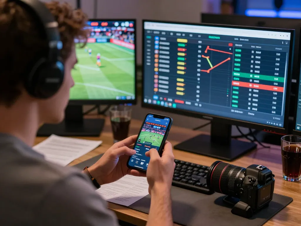 Engaged bettor analyzing ty le keo nha cai on smartphone with live sports betting interface visible.