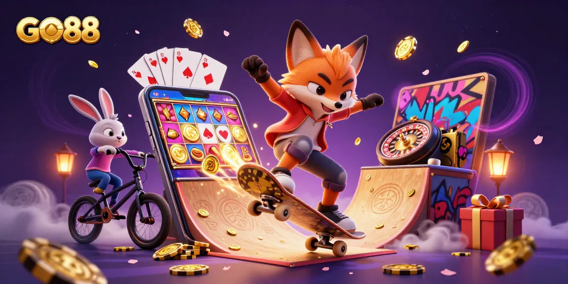 Experience GO88's vibrant gaming universe with a fox and rabbit performing tricks amidst casino-themed elements.