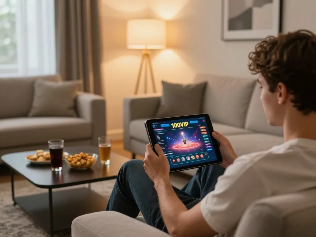 Engaging in online gaming experience with 100VIP on tablet in cozy home setting