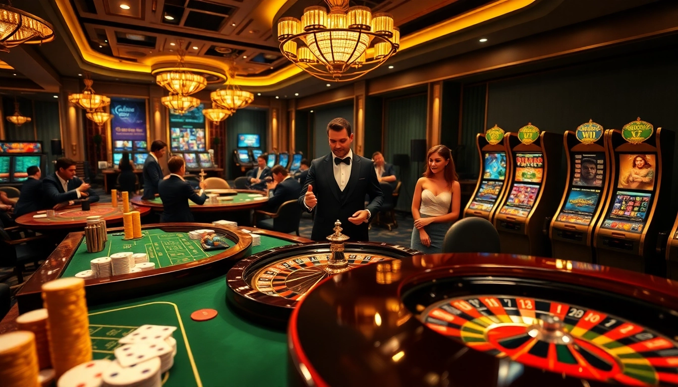 Gamblers enjoying a luxurious online experience at https://e2betclb.com/, featuring tables, slots, and vibrant casino elements.