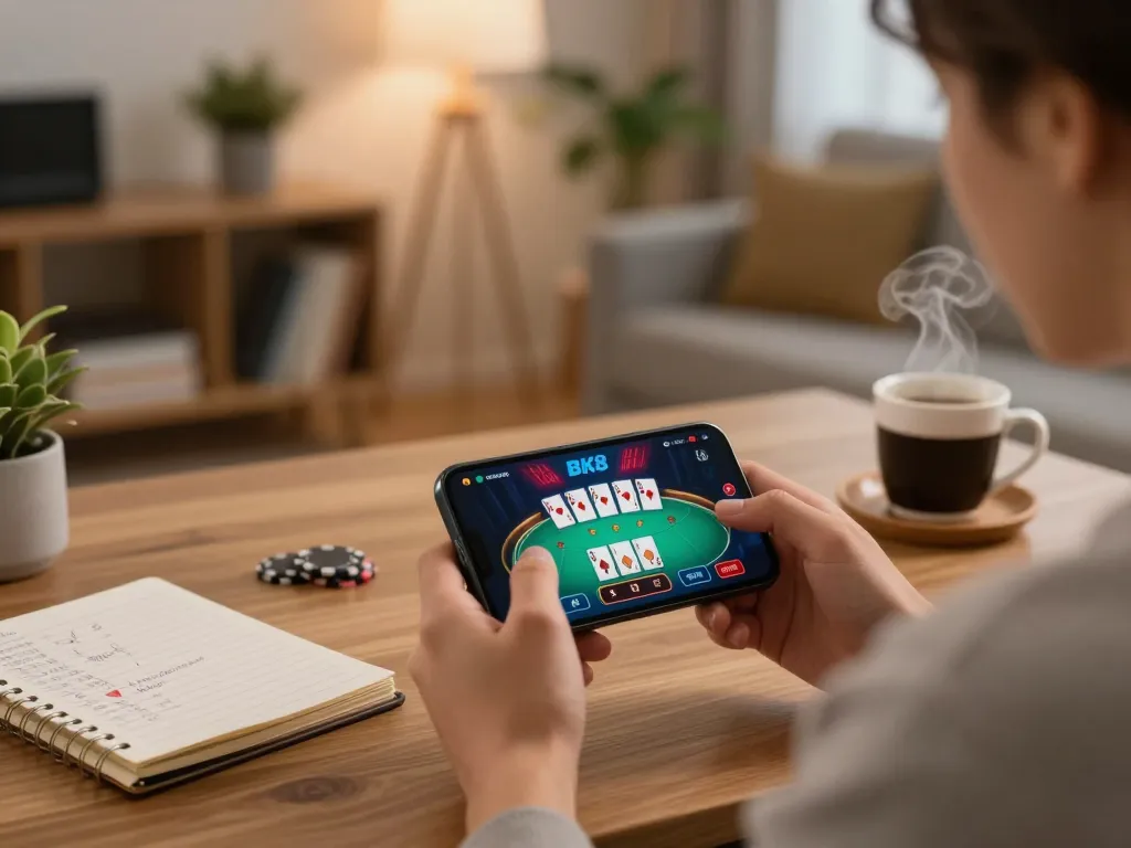 Person enjoying BK8 app on smartphone in cozy home setting, emphasizing responsible gaming.