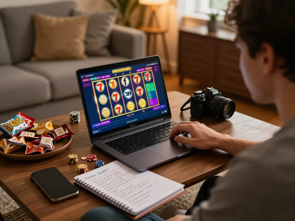 Player enjoying 789 f slots on laptop in a cozy home setting, reflecting responsible gaming.