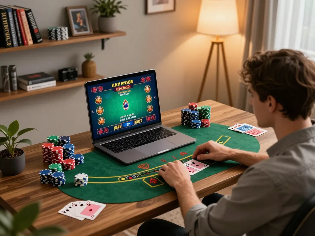 Engaging in live dealer blackjack on go99 platform while managing poker chips in stylish home office.