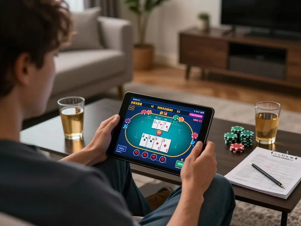Engaging in go88 online poker strategy while enjoying home comfort.