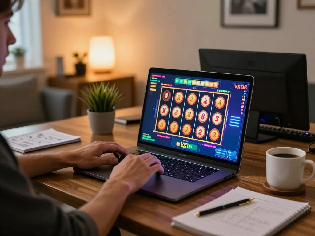 Engaging gameplay at VK88 online casino with vibrant slot machine action and cozy home office setup