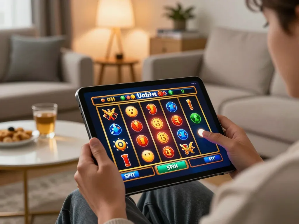 A player engaging with kdtoto online slot game on a tablet in a cozy home setting, conveying relaxed gaming.