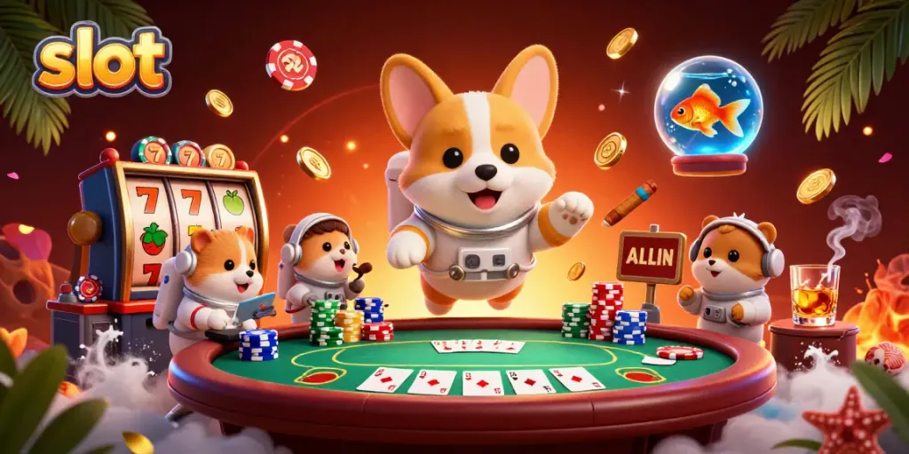 Experience thrilling slot action with a 3D astronaut corgi and poker-themed characters in a cosmic casino scene.