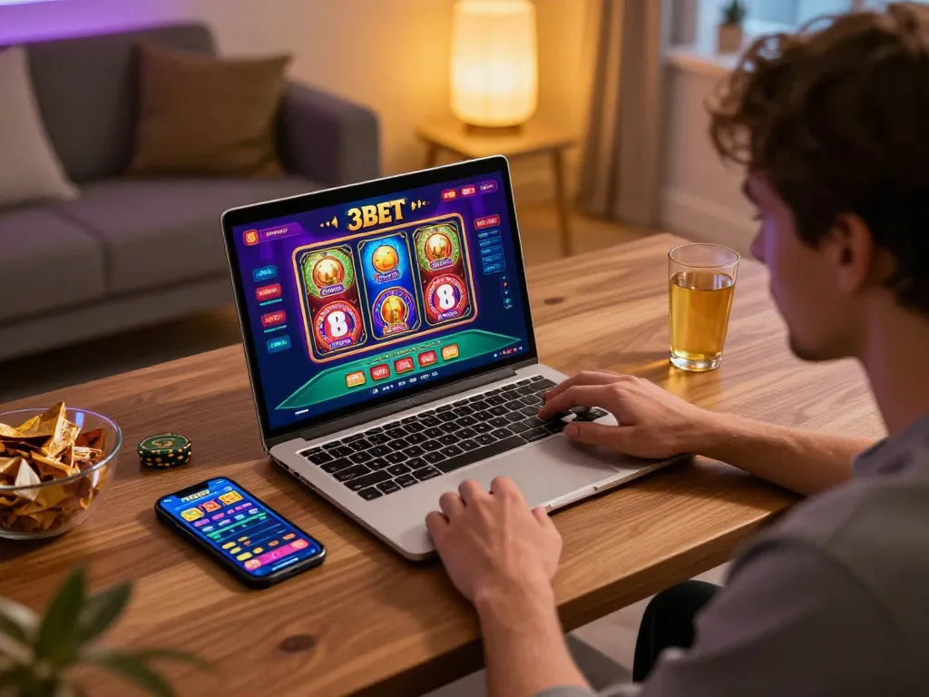 A player experiences 3BET online gaming in a cozy and stylish home setup, focused on exciting gameplay.