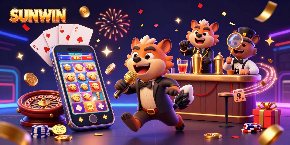 SUNWIN hyenas performing at a lively casino, showcasing games with vibrant illustrations and dynamic action.