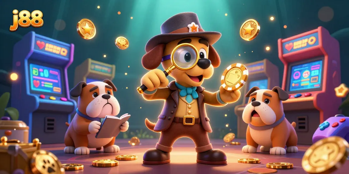 Join the j88 adventure with a detective and companion exploring casino treasures amidst vibrant gaming elements.