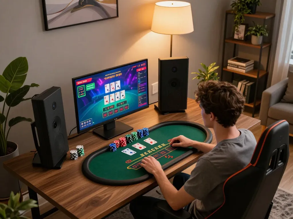 Player engaging in an online mb66 blackjack game at a stylish home setup, showcasing excitement and strategy