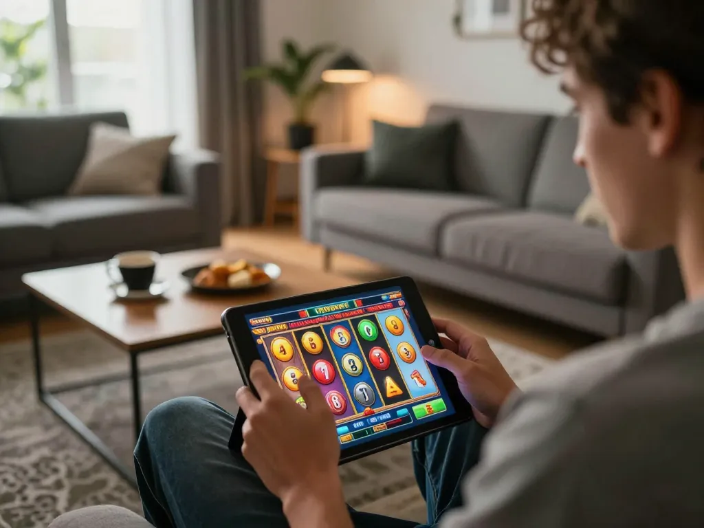 Menikmati Slot Demo di tablet, menampilkan gulungan berwarna-warni dan permainan interaktif dalam suasana rumah yang nyaman