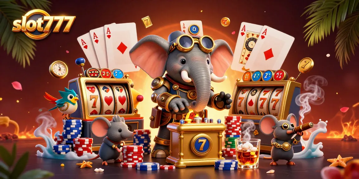 Spin the slot777 machine with a lively steampunk elephant and colorful casino elements.