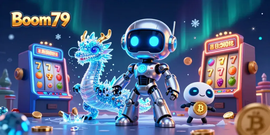 Play winning slots at Boom79 with a vibrant, ultra-detailed gaming scene.