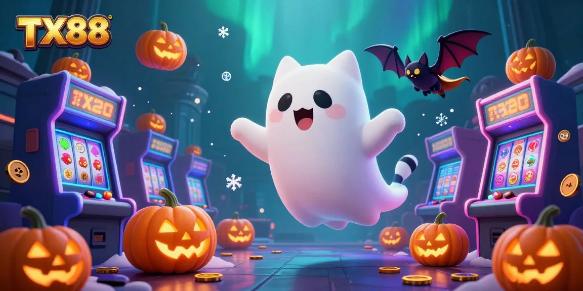 Play the TX88 haunted casino game with a ghost cat and a vampire bat, surrounded by shining slot reels.