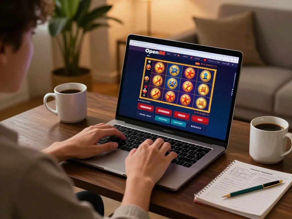 Engaging in open88 online casino gameplay on a laptop, showcasing vibrant slot graphics.