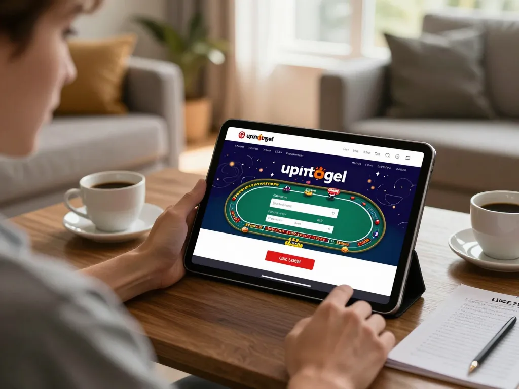 Engaging user at home using upintogel login for online casino gameplay with strategic notes.
