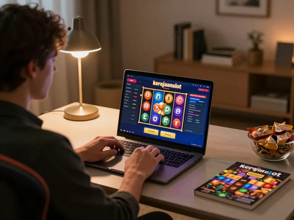 Engaging with kerajaanslot interface on a laptop while enjoying a cozy home gaming session