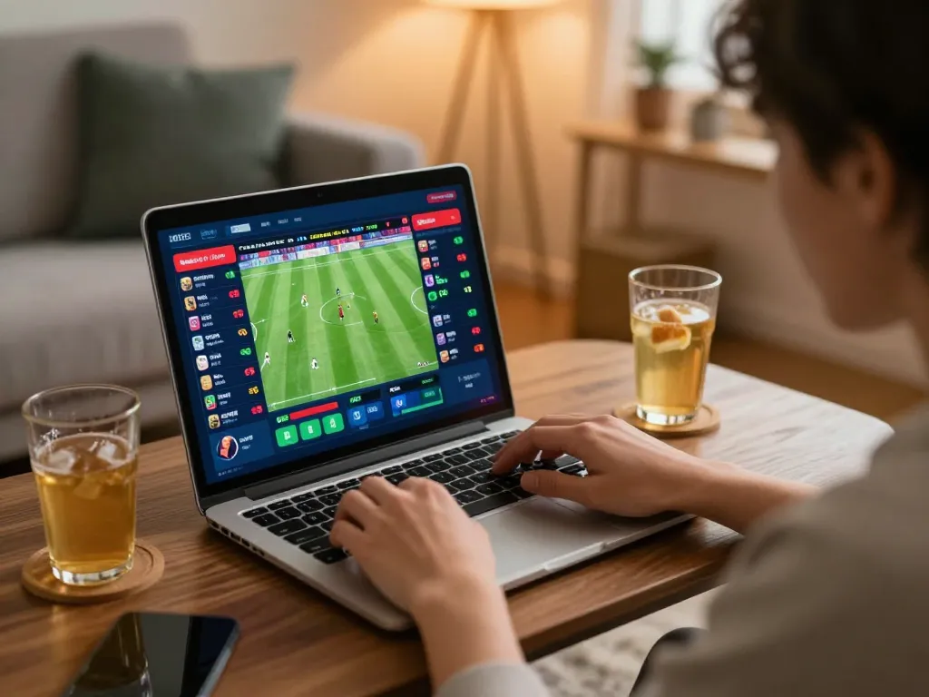 Engaging online sports betting experience with sbobet88 displayed on laptop during live matches.