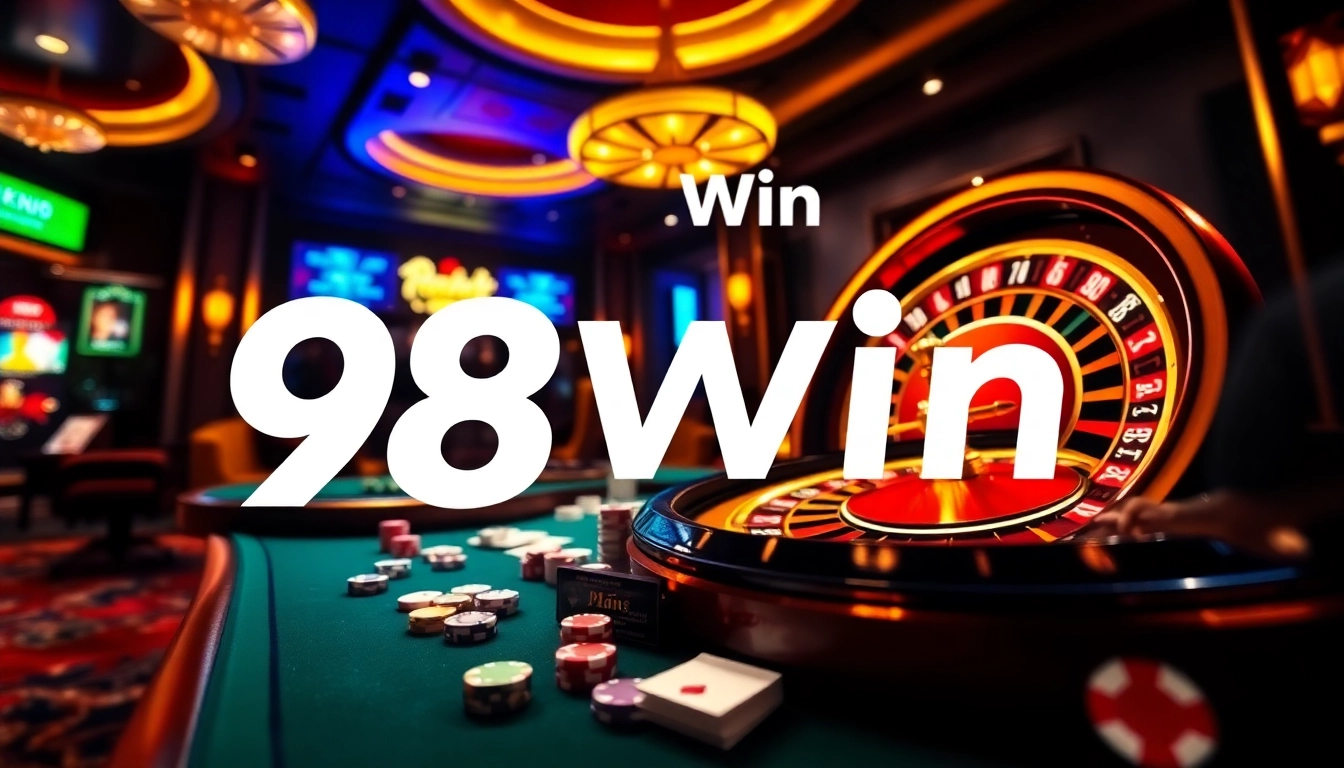 Experience thrilling gameplay at 98Win's luxurious casino tables adorned with vibrant chips and cards.