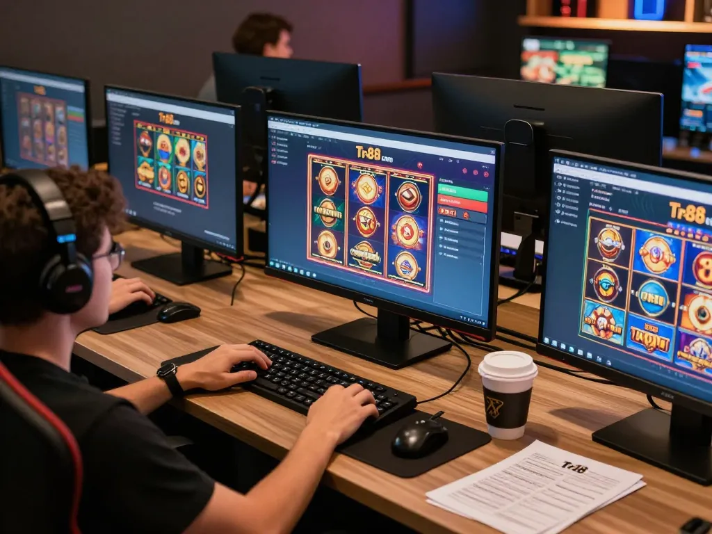 Engaging with Tr88 com on multiple screens during online gambling session.