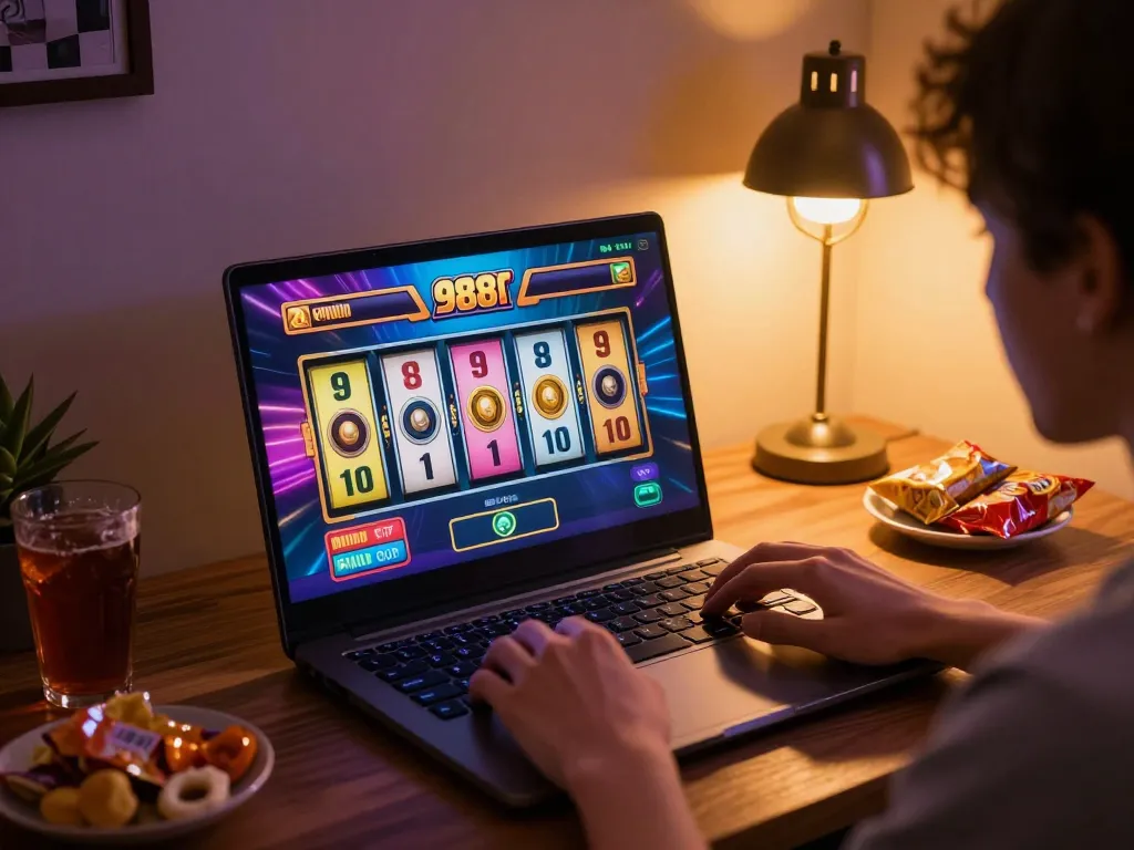 A player is enjoying 988slot games on their laptop in a cozy gaming setup.