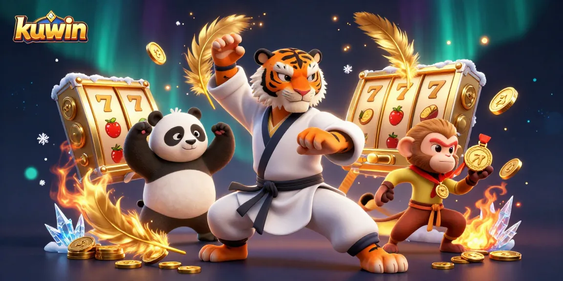 Kuwin slot gaming scene with a kung fu tiger master, panda disciple, and monkey in a dynamic casino setting.
